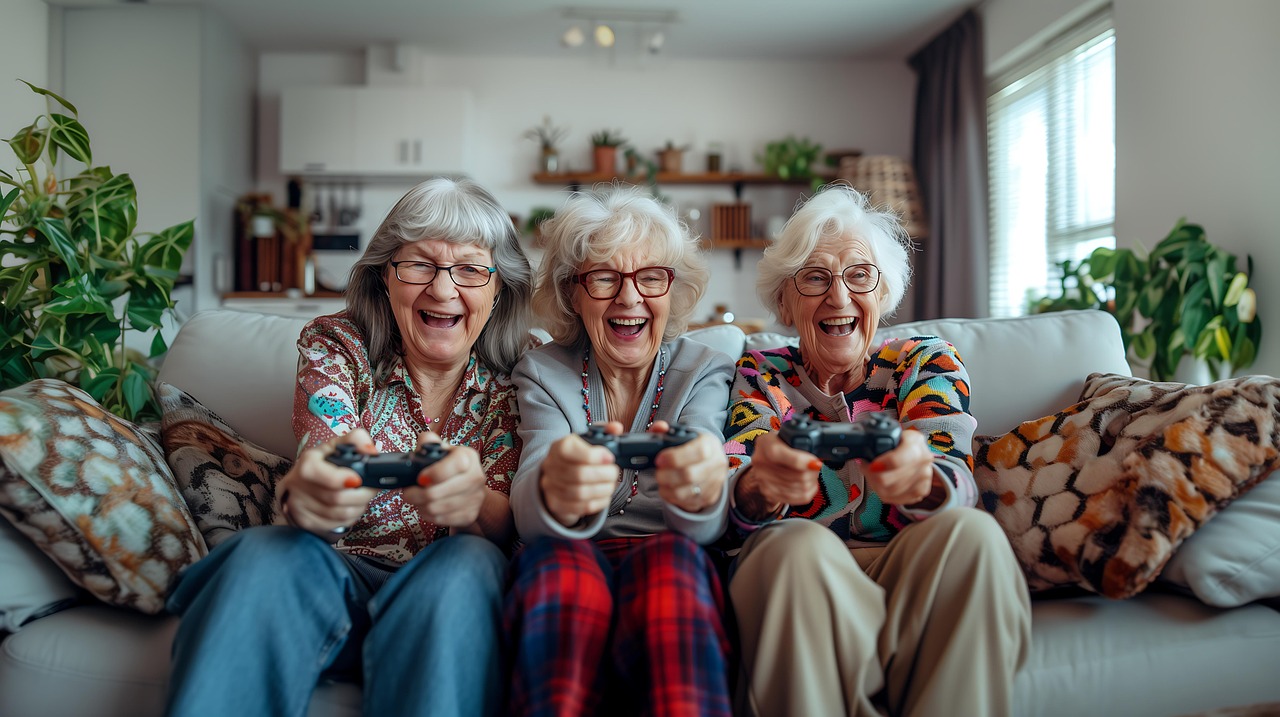 elderly fun smile laughter happiness retirement game white hair people women friendship tv ai generated retirement retirement retirement retirement retirement
